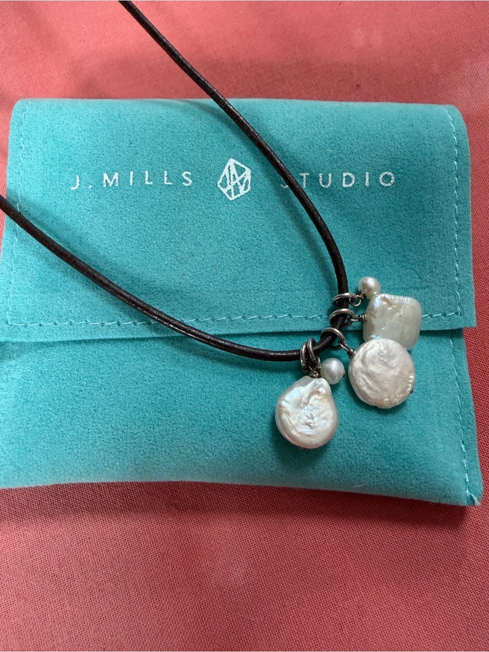 J Mills freshwater pearl Pendant Necklace on Brown Leather Cord